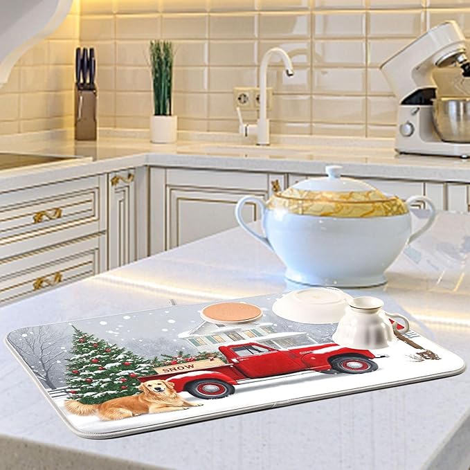 Christmas Tree Truck Dish Drying Mat for Kitchen Countertop 16x18 Winter Snow Poinsettia Golden Retriever Small Drying Mat Reusable Quick Dry Dish Sink Mats Easy Clean Decorative Essentials