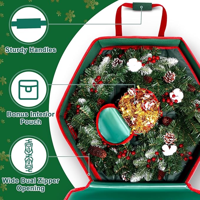 Christmas Wreath Storage Container - 30" Sturdy Hard Shell Christmas Wreath Storage Bag with Interior Pockets, Dual Zipper and Handles, Premium Wreath Storage Organizer Box