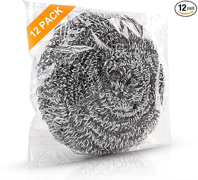 ovwo 12Pack Upgraded Steel Wool Scrubbers - Premium Stainless Steel Scrubber, Metal Scouring Pads, Steel Wool Pads, Kitchen Cleaner, Heavy Duty Cleaning Supplies - Especially for Tough Cleaning