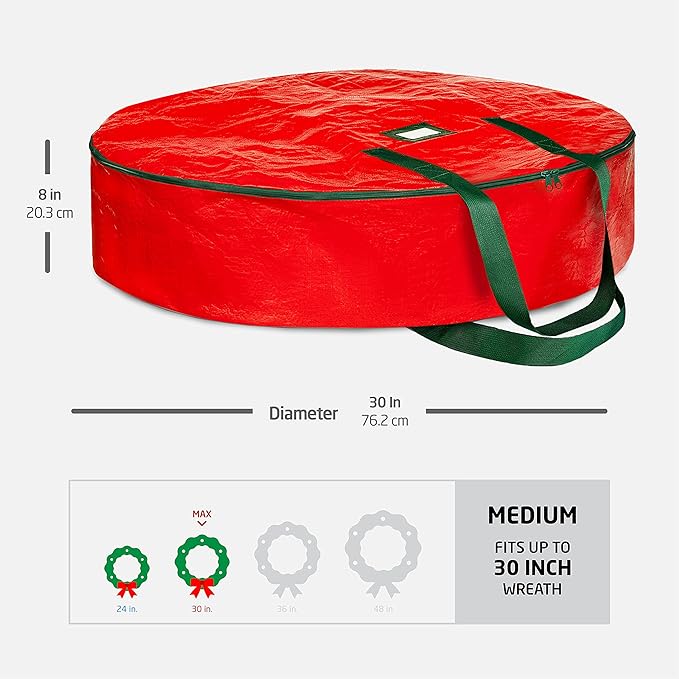 ZOBER Christmas Wreath Storage Container 30 Inch - Wreath Bag for Artificial Wreaths Box - Dual Zippered Wreaths Storage Bag with Strong Durable Handles - Red