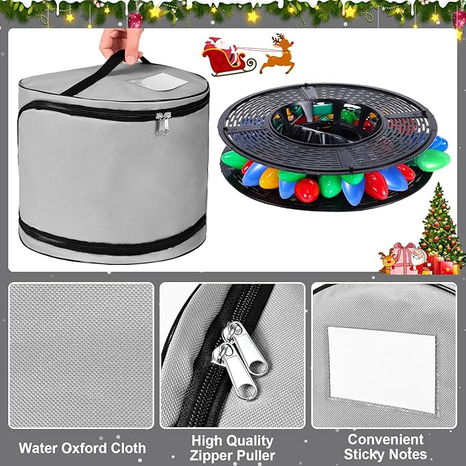 Christmas Light Storage Bag - Tear Proof 600D Oxford Fabric/Internal PVC Material with Reinforced Handles - With 4 Reels Stores up to 500 Ft Holiday Mini Christmas Tree Lights & Extension Cords,Gray