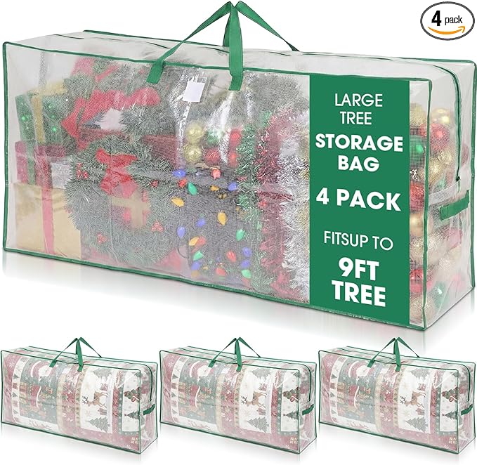 4 Pack Extra Large Christmas Tree Storage Bag 9 ft Artificial Tree, 126gallon Heavy Duty Moving Bag 65" Waterproof Clear Oversized Box with Handle Label Pocket for Camping College (Green)
