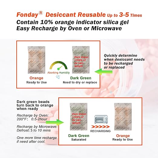 5g x 30 packs Fonday Rechargeable Silica Gel Desiccant Packets Food Grade Fast Reactivate Desiccant Bags Moisture Indicating Orange to Green