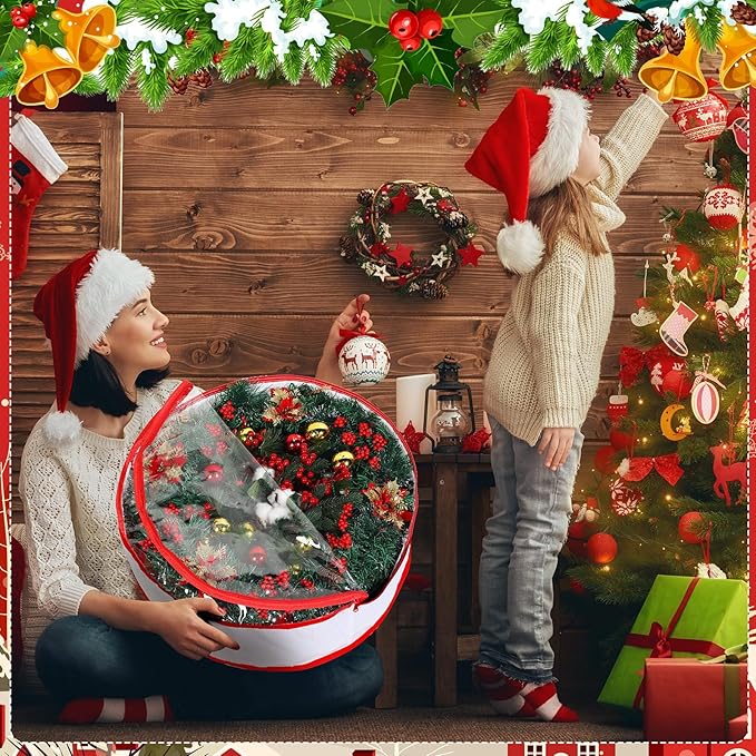 Aliceset 4 Pack Wreath Storage Containers, Christmas Ornament Garland Wreath Storage Bags with Handle Dual Zipper Large Decorative Storages Box for Winter Wreaths(24 x 24 x 7.8 Inch,White)