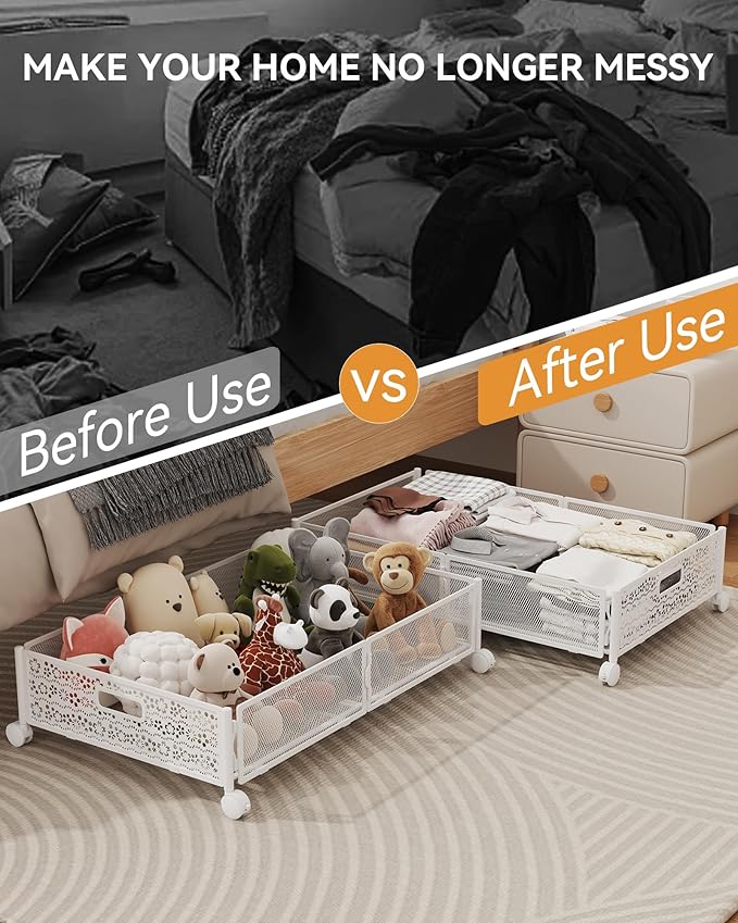 Under Bed Storage with Wheels, Foldable Pattern Carved Metal Under The Bed Storage, Tool-Free Assembly Under The Bed Storage Bins, 60L Underbed Storage for Bedroom Clothes Blankets Shoes Toys-4 Pack