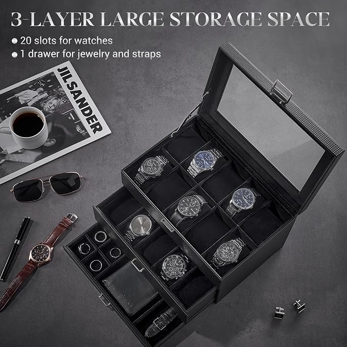 ProCase 20 Slot Watch Box for Men, 3-Layer Watch Display Case with Glass Lid, Watch Holder with Drawer, Jewelry Storage Organizer for Watches Straps Rings -AllBlack
