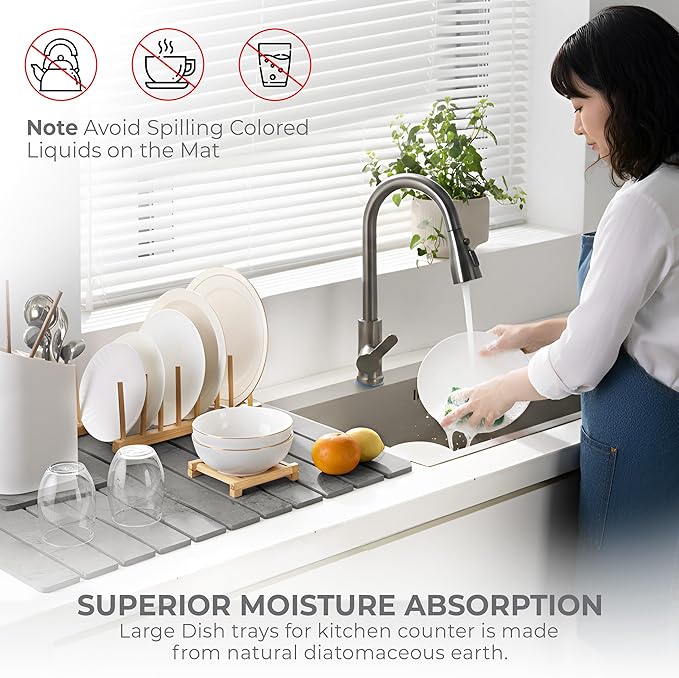 Large Stone Dish Drying Mat for Kitchen Counter, 2PCS Quick Dry Stone Dishes Mats, Foldable Water Absorbing Diatomaceous Earth Drying Pad for Bottles Dish Cups(Light Gray 24"×16" & 8"x5")
