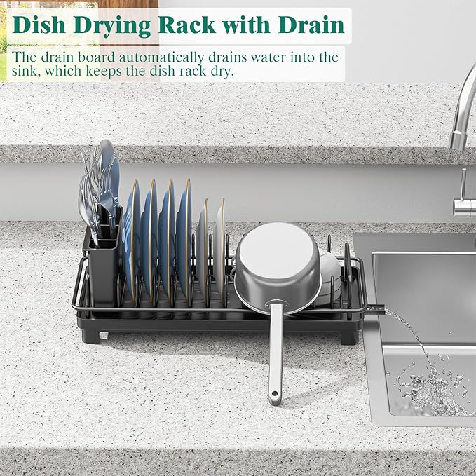 XYZLVSI Small Sink Dish Drying Rack with Drainboard, Compact Dish Drainer for Kitchen Countertop, Rustproof Plate Organizer with Utensil Holder, Black