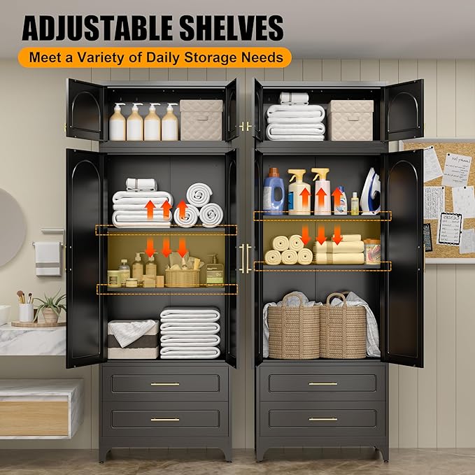 Metal Storage Cabinet with Doors and Shelves, 90" Tall Kitchen Pantry Storage Cabinets with 2 Drawer, Black Pantry Closet, Steel Large Cupboard, High Leveling Feet- Assembly Required
