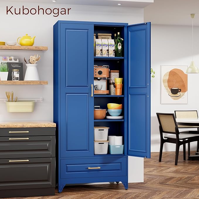 75" Kitchen Pantry Cabinet with Drawer, Metal Storage Cabinets with Doors and Adjustable Shelves, Blue Tall Pantry Cabinet for Dinning Living Room, Home