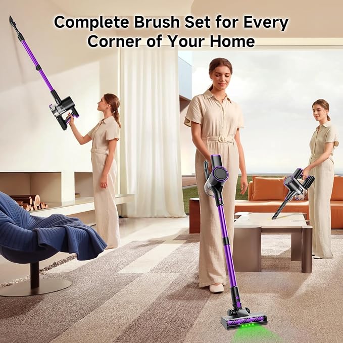 Honki Cordless Vacuum Cleaner, 500W/40Kpa Vacuum Cleaners for Home, Stick Vacuum Cordless with LED Display, Anti-Tangle & Wall Mount, 8 in 1 Lightweight Vacuum for Hard Floors Pet Hair(Purple)