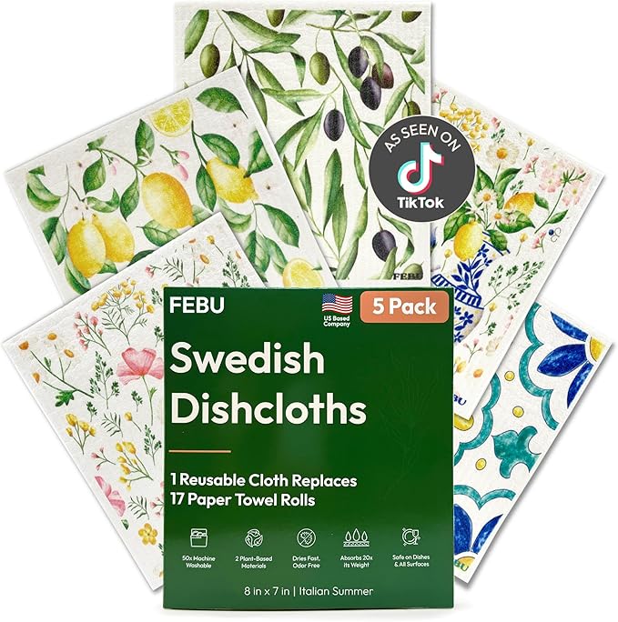 FEBU Swedish Dishcloths for Kitchen | 5 Pack Italian Summer Reusable Paper Towels Washable | Swedish Dish Towels | Non-Scratch Cellulose Sponge Cloths | No Odor, Biodegradable Cleaning Cloths