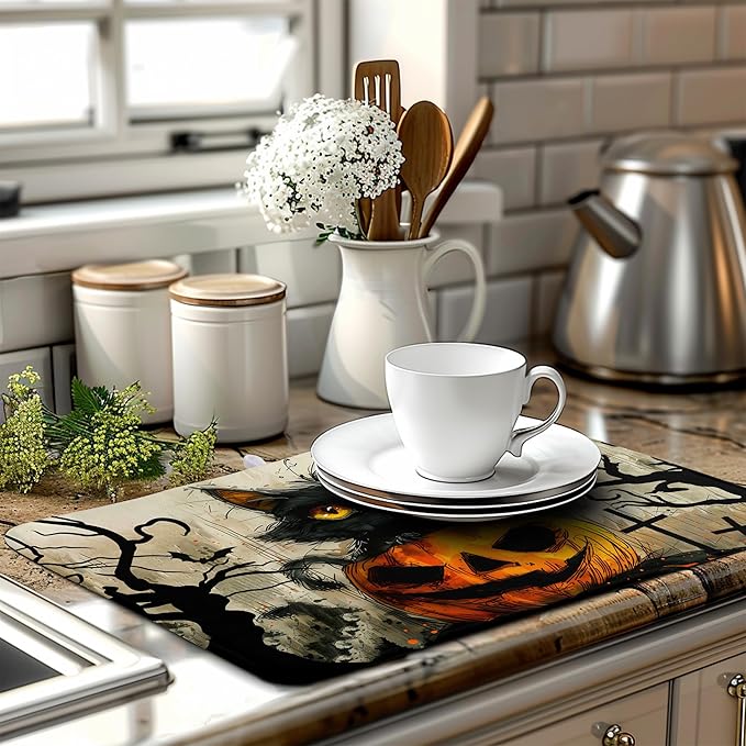 Wnoesat Black Cat Fall Pumpkin Dish Drying Mat 18x24 - Super Absorbent Drying Pads for Kitchen Counter - Happy Halloween Bat Branch Large Microfiber Dishes Drying Mats