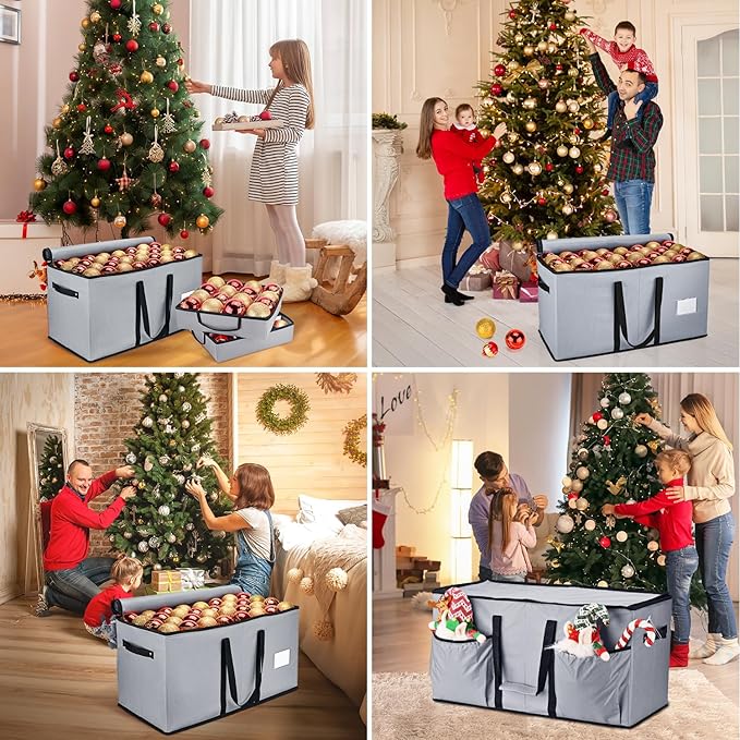 Christmas Ornament Storage Box, Ornament Storage Organizer Fits 128 of 3 inch Ornament Balls, 8 Removable Tray Ornaments Storage Containers with Dividers to Store Xmas Holiday Decor(Grey)