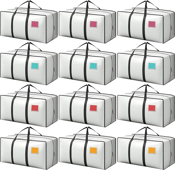 RMOHRO 12 Pack Extra Heavy Duty Large Moving Bags with Reinforced Zipper & Wide Handles, Waterproof Storage Bins for Clothes, College Dorm, Travel, and Home Organization, White