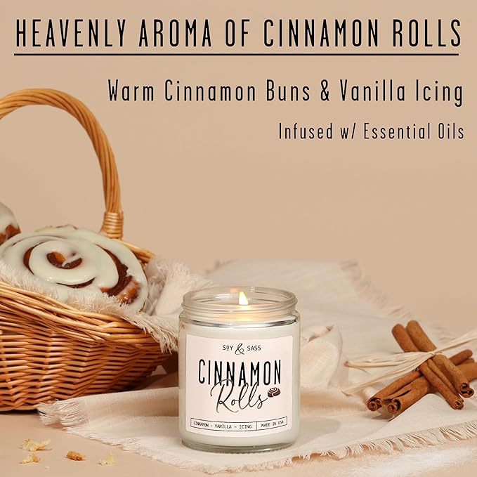 Cinnamon Candle, Fall Candles, Christmas Candles - 'Cinnamon Rolls' Autumn Scented Soy Candle for Home, 9oz Reusable Jar, 50Hr Burn, Made in USA