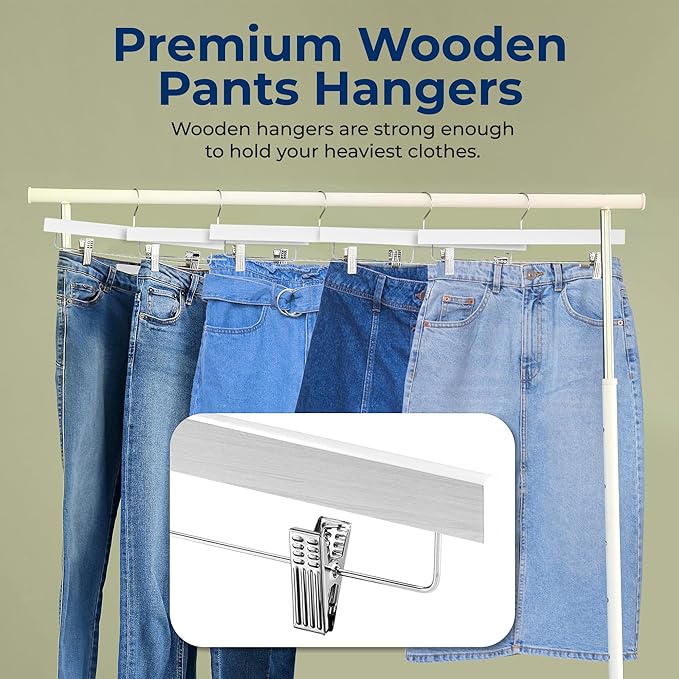 SereneLife 30 Pack Skirt and Pant Hanger with Adjustable Non-Slip Steel Clips, Premium Wooden, 360° Swivel Hook & 10 lb Capacity – Space-Saving Heavy-Duty Hangers for Jeans, Shorts & Slacks (White)