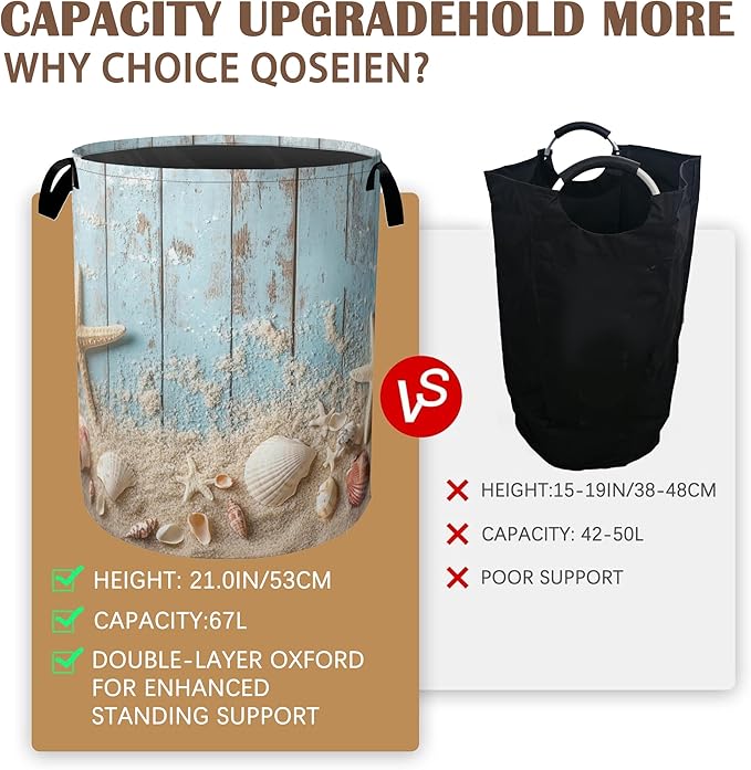 Large Laundry Basket,Beach Seashell Starfish Collapsible Laundry Baskets,Blue Wooden Waterproof Oxford Hamper with Handles for Bathroom Bedroom Nursery Home Storage 16"x20"