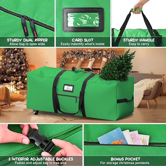 Mrrihand Christmas Tree Storage Bag, Large Artificial Anti-Tear Heavy-Duty 600D Oxford Cloth Xmax Christmas Tree Storage Box with Rolling Wheels, Christmas Tree Storage Container (Bright Green, 9Ft)