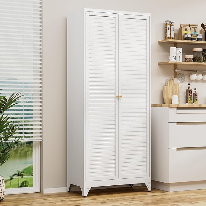 75" Kitchen Pantry Cabinet, White Metal Storage Cabinet with Doors and 4 Adjustable Shelves, Tall Metal Pantry Cabinets, Large Cupboard for Kitchen, Dining Living Room, Bathroom, Office