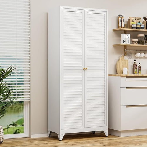 75" Kitchen Pantry Cabinet, White Metal Storage Cabinet with Doors and 4 Adjustable Shelves, Tall Metal Pantry Cabinets, Large Cupboard for Kitchen, Dining Living Room, Bathroom, Office