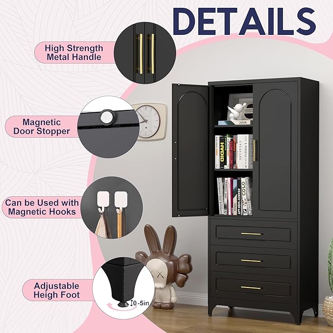 Pantry Kitchen Cabinet with Drawer, 75" Tall Pantry Storage Cabinet, Metal Storage Cabinets with Doors and Shelves, Large Freestanding Cupboard for Dining Room, Assembly Required, Black