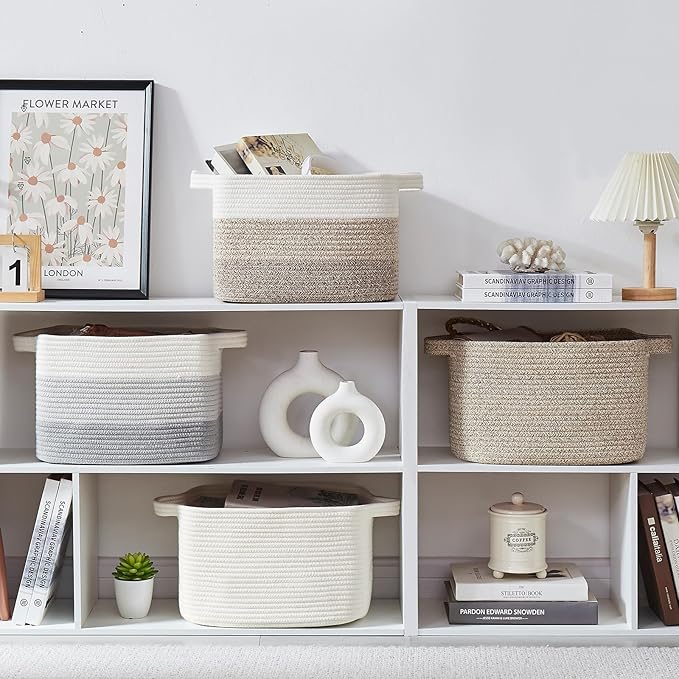 Storage Baskets for Organizing, Woven Baskets for Shelves, Rectangle Decorative Organizer for Storage Clothes, Toy, Books, Towels Nursery Bins 3 Pack (Brown & White, 13"x9.85"x8.7")