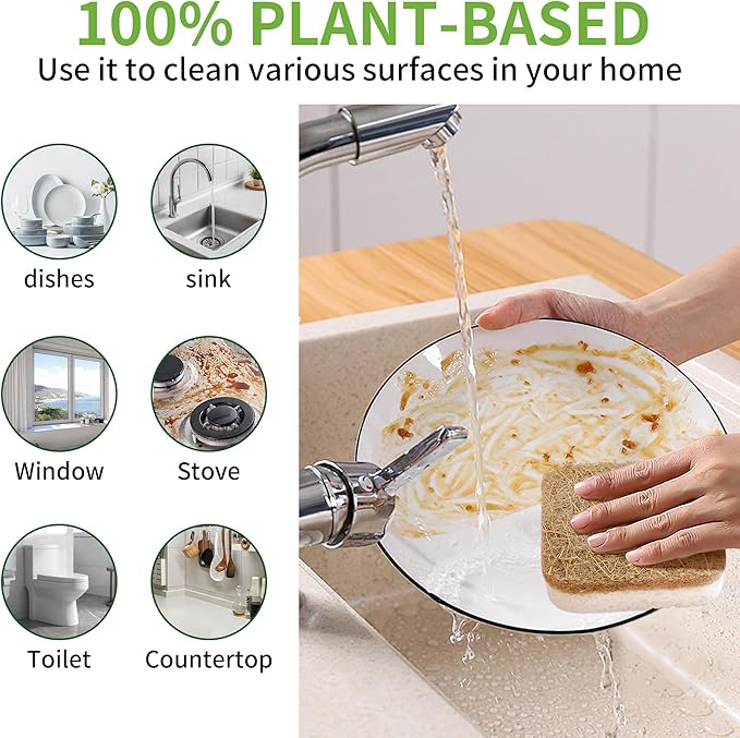 12Pack Kickleen Natural Kitchen Scrub Dish Sponge with Suction Hanger Biodegradable Compostable Cellulose and Coconut Non-Scratch Sponge for Kitchen, Bathroom, Household (White-12)