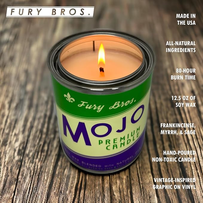 Fury Bros. Scented Candles for Men | Mojo | Frankincense Myrrh Burning Sage | Natural Soy Wax | Hand-Poured in The USA | Long 70-80 Hour Burn (12.5 oz) | Vintage-Inspired Tin Design | Dad Home Gift