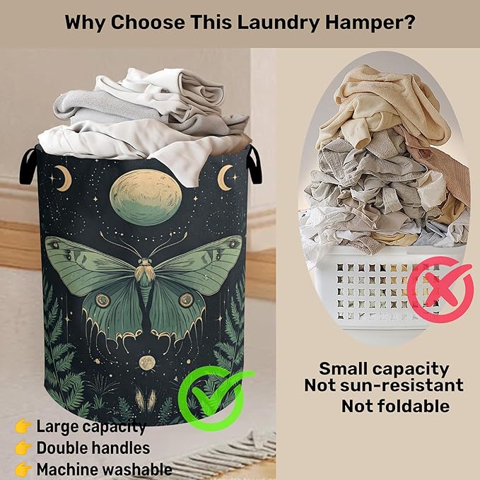 Gothic Moon Moth Foldable Laundry Hamper - Waterproof Fabric Storage Basket with Handles, Clothes Hampers for Laundry,Bedroom,Dorm