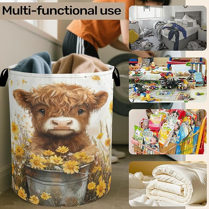 Cute Highland Cow Flower Foldable Canvas Laundry Basket with Handles - Storage Organizer, Heavy Duty for Home，Bedroom, Dorm, Bathroom