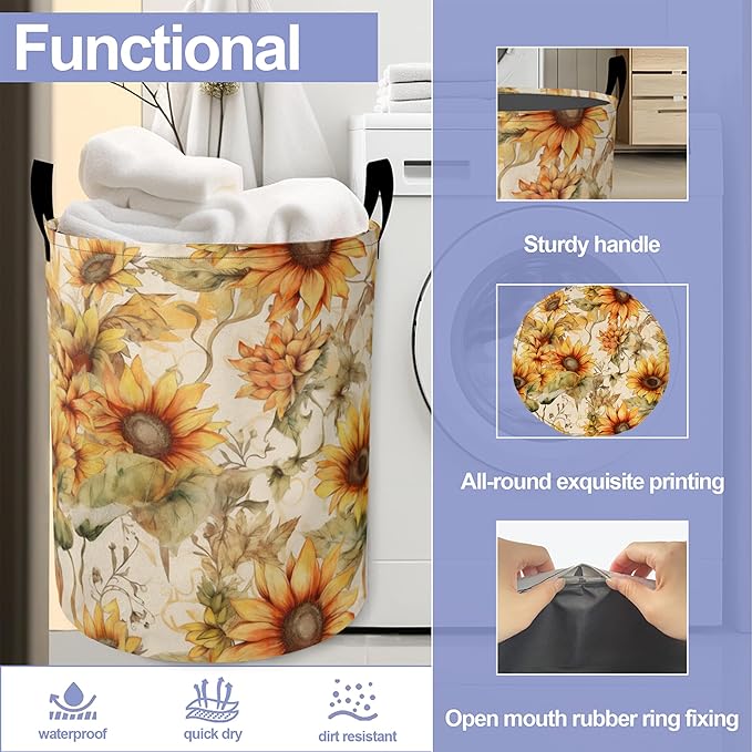 Laundry Basket, Retro Sunflower Flowers Oxford Cloth Laundry Hamper With Handle Foldable Portable Clothes Storage Basket Storage Bag For Laundry Room/Bathroom/Bedroom/Dormitories