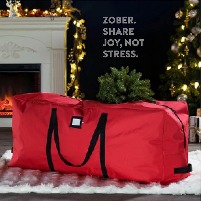 ZOBER 600D Oxford Fabric Christmas Tree Storage Bag - Fits 7.5 Ft Artificial Trees - Tear Proof Waterproof Christmas Tree Bag For Storage Box For Xmas - Strong, Durable Handles - Card Slot - Red