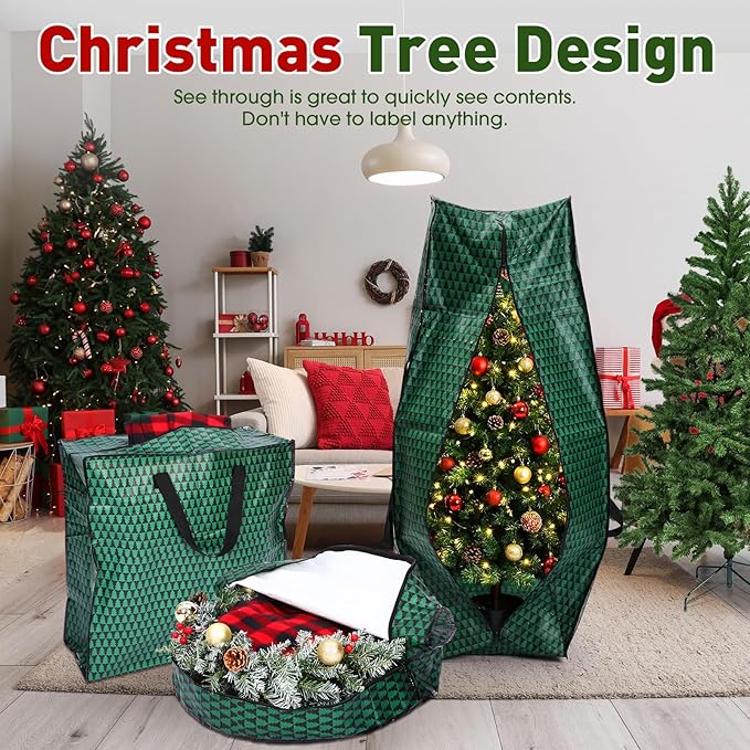 5 Pack Christmas Storage Bags Green, 7.5 Ft Large Christmas Tree Stand Bag, 24" Wreath Containers and 25" Garland Packing Tote Bags with Handle Zipper for Artificial Xmas Tree Wreath Garland