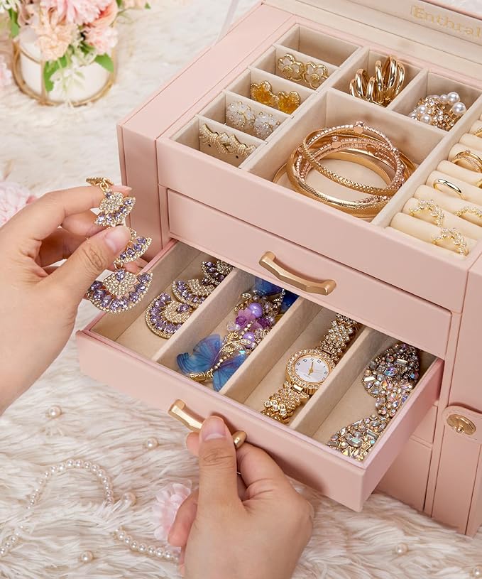 Jewelry Box with 4 Drawers : Display Organizer for Earrings Necklaces - Christmas Gifts for Girls Women (Peach Pink)