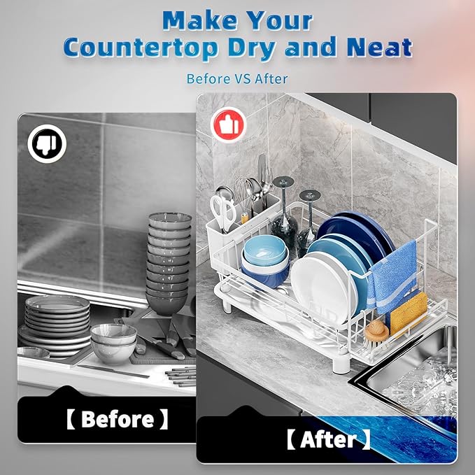 GAOKASE Compact Dish Drying Rack, Dish Drainers for Kitchen Counter with Sponge Rack, Kitchen Drying Rack with Drainboard, Utensil Holder and Automatic Drainage Drainboard, White