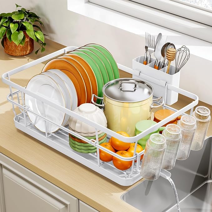 TOOLF Large Dish Drying Rack for Kitchen Counter,Kitchen Dish Racks with Drainboard,Sink Dish Strainer Rack,Countertop Dish Drainer Rack with Cup & Utensil Holders,White
