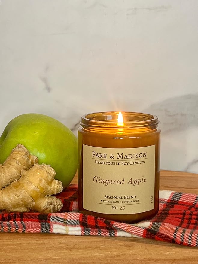 Park & Madison Gingered Apples Soy Candle - Apples Mimosa Scented Candle | Hand-Poured Amber Jar Candle with Black Lid | Fruit Scented Fall Candle | Eco-Friendly, Phthalate-Free, Non-Toxic (8 oz)