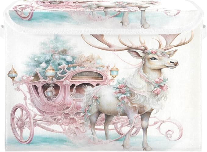 senya Christmas Baskets Collapsible Storage Bins with Lids, Pink Christmas Elk Storage Boxes Clothes Baskets for Organizing