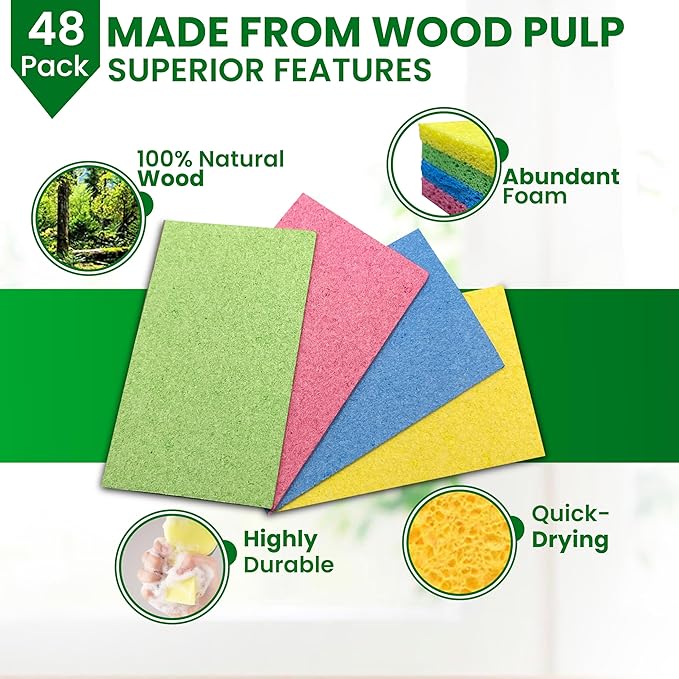 MMG Prime Cellulose Sponges – 48-Pack Multicolored Compressed Natural for Kitchen – Plant-Based, Biodegradable, Non-Scratch, Quick-Dry, Super-Absorbent for Dishes & Surfaces (48, Multicolor)
