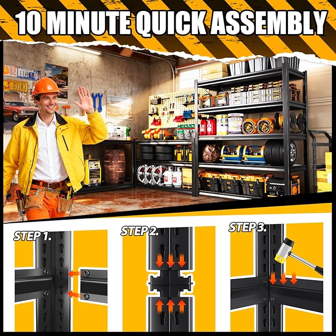 5-Tier 72”H Garage Shelving, Adjustable Garage Shelves, 2500 Lbs Storage Shelves Heavy Duty, Garage Shelf for Tool Organization, Storage Shelves for Basement, Warehouse, Black (72''H×35.4''W×12''D)