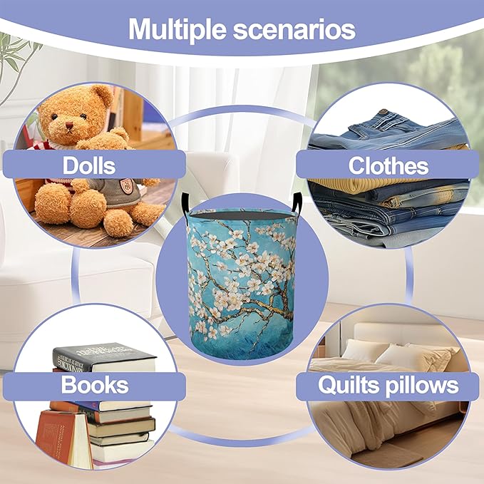 Laundry Basket,Vintage Apricot Tree Flowers Large Canvas Fabric Lightweight Storage Hamper Organizer Dirty Clothes Collapsible Waterproof for College Dorms,Bathroom