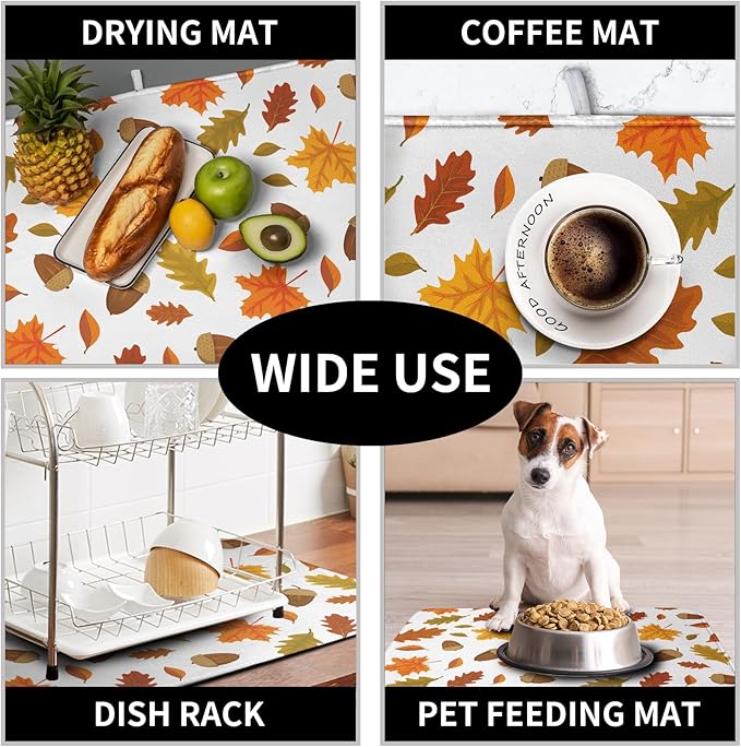 Kwlegh Fall Leaves Dish Drainer Mat - Absorbent Drying Mat for Counter - 18x24 Inch, Orange Maple Leaf Pattern