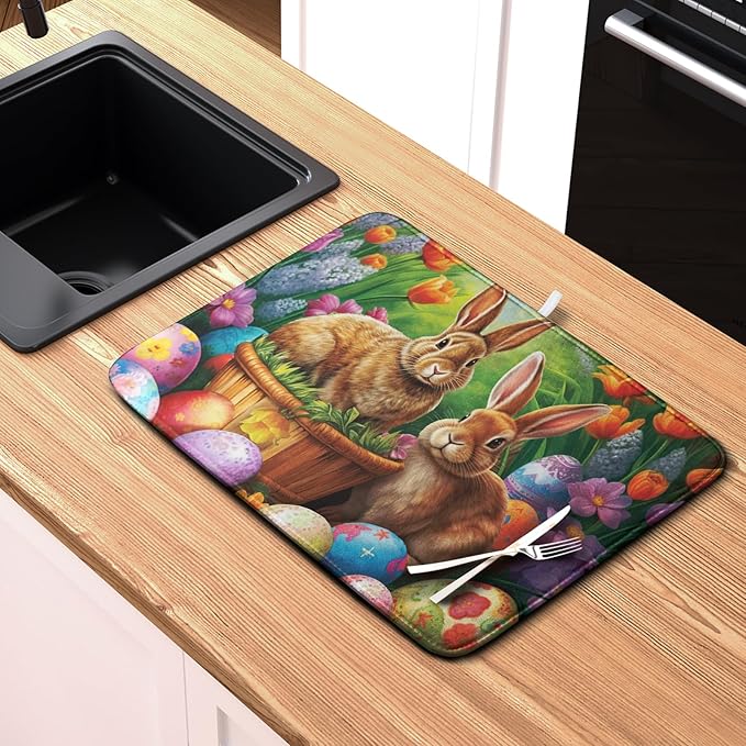 Kwlegh Easter Bunny Eggs Dish Drying Mat for Kitchen Counter, Tulip Floral Flower Drying Mat Spring Summer Holiday Dish Mat Drying Kitchen Mat Absorbent Kitchen Drying Mat for Sink 16x18Inch
