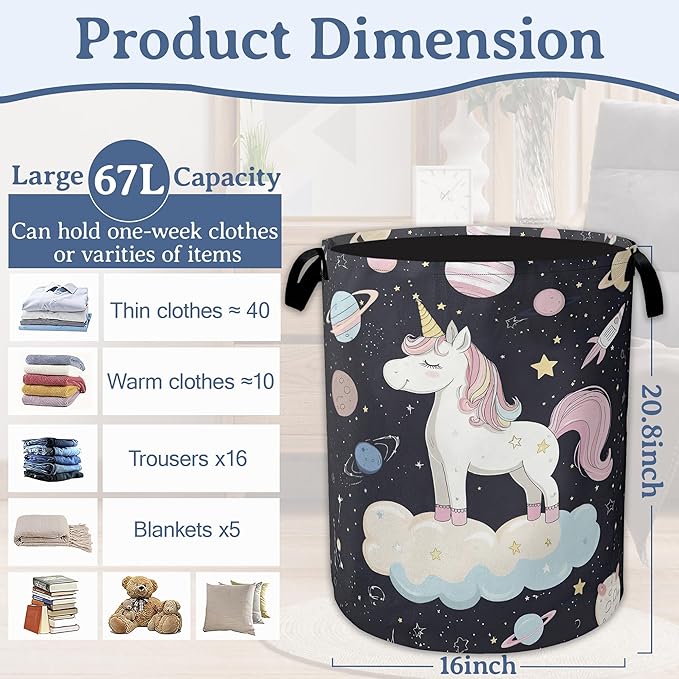 Cute Unicorn Laundry Basket,Foldable Oxford Cloth Planet Laundry Hamper with Handles, 20.8"x16" Tote Bag Clothes Storage Bucket for Laundry Room/Bathroom/Bedroom/Dormitories