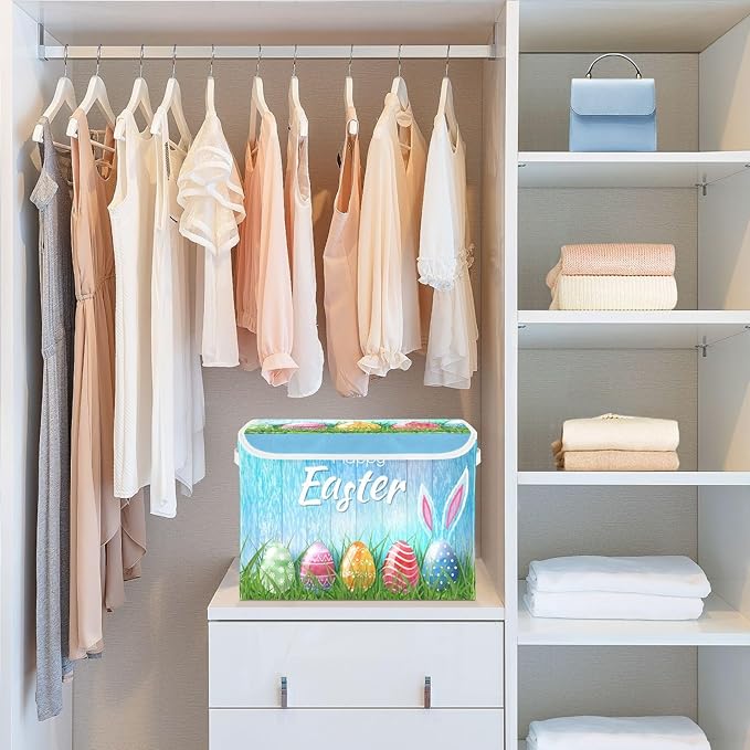 Easter Baskets Collapsible Storage Bins with Lids, Happy Easter Bunny Eggs Storage Boxes Clothes Baskets for Organizing