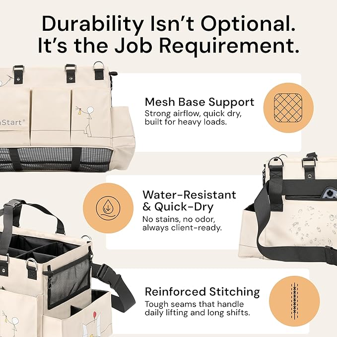 FifthStart Multiuse Cleaning Caddy with Waist & Shoulder Strap - Diaper Caddy & Beach Bag - 9 Pockets & Mesh Base - Adjustable Compartments (Beige, Small) - Cleaning Supplies Organizer