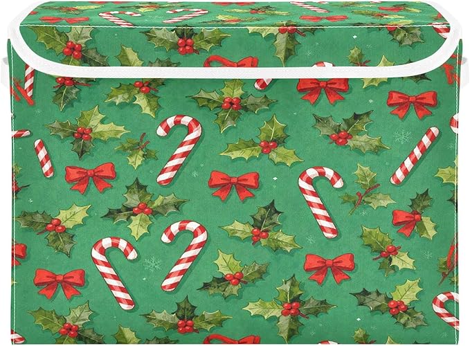Christmas Candy Canes Holly Bows Storage Bins with Lids Foldable Storage Basket with Handles Collapsible Large Fabric Organizer Containers for Clothes Shelves Closet Office Home