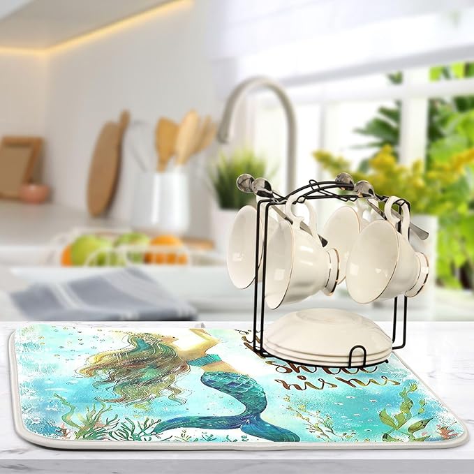 Mermaid Aqua Dish Drying Mat for Kitchen Countertop 18x24 Nautical Theme Ocean Turquoise Blue Large Drying Mat Reusable Quick Dry Dish Sink Mats Easy Clean Decorative Essentials