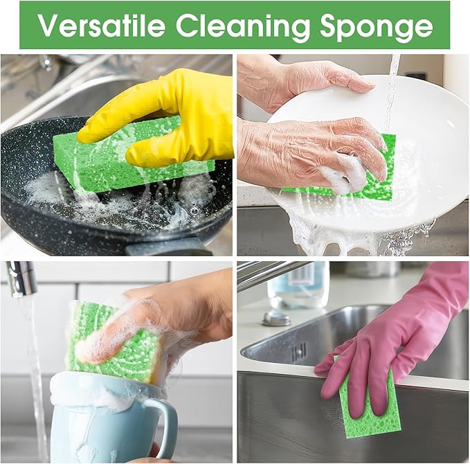 MOWPOG 12 PCS Dish Sponges Kitchen, Non Scratch Cleaning Sponge for Non Stick Cookware, Natural Compressed Cellulose Wash Scrub for Household Bathroom, Soft Washing Scrubbers (Green)
